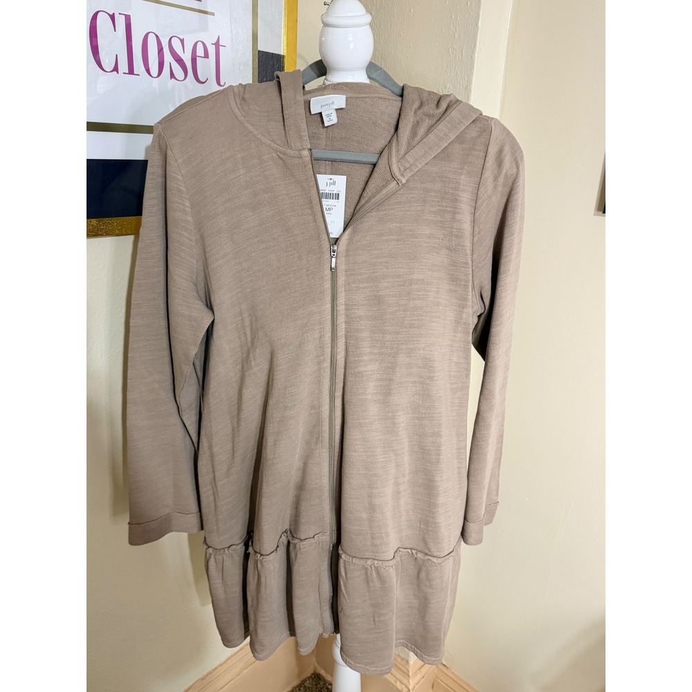 J. Jill Pure Jill Slub Knit Ruffle Hem Zip Front Hoodie Light Mocha MP New